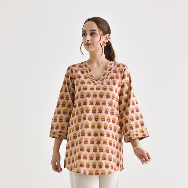 Beige Sanganeri Inspired Floral Cotton Tunic with Pintuck Neckline