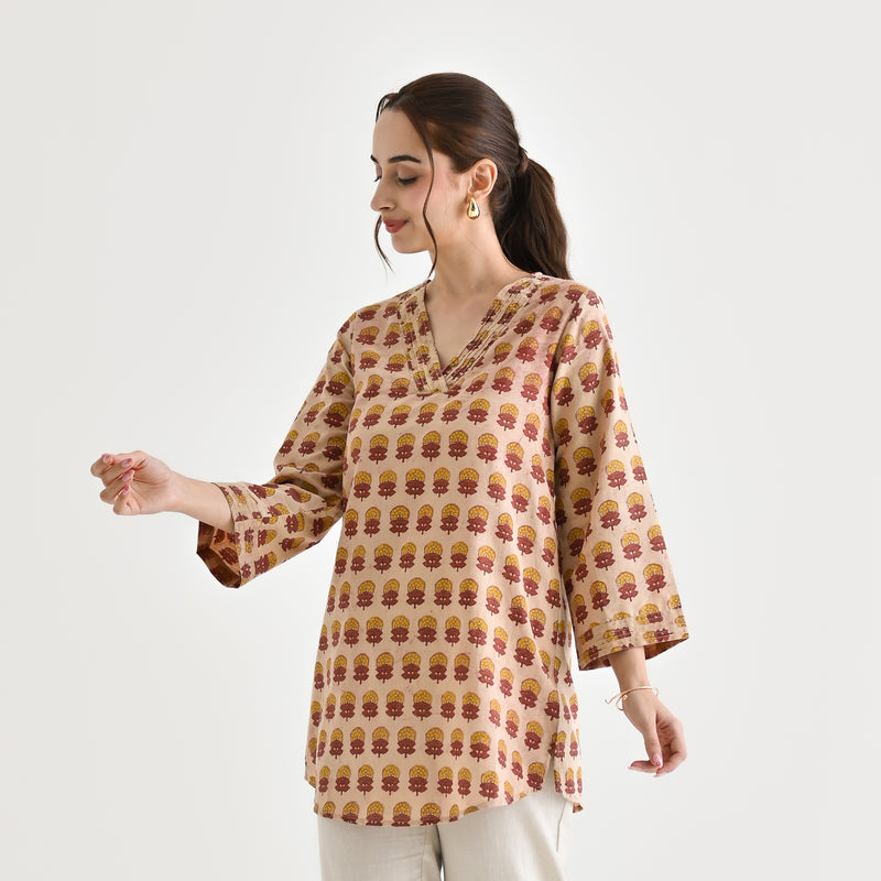 Beige Sanganeri Inspired Floral Cotton Tunic with Pintuck Neckline
