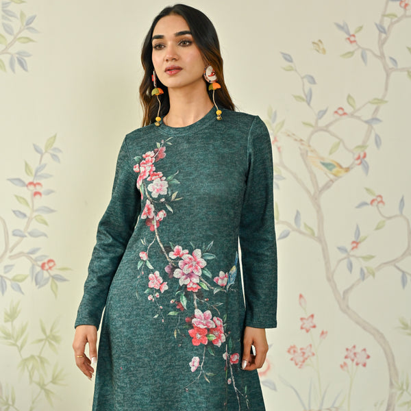 Green Floral A-line Woollen Dress