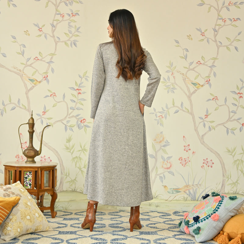 Ivory Floral A-line Woollen Dress