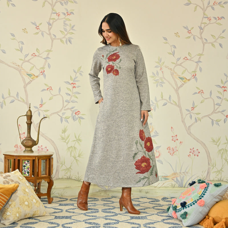 Ivory Floral A-line Woollen Dress