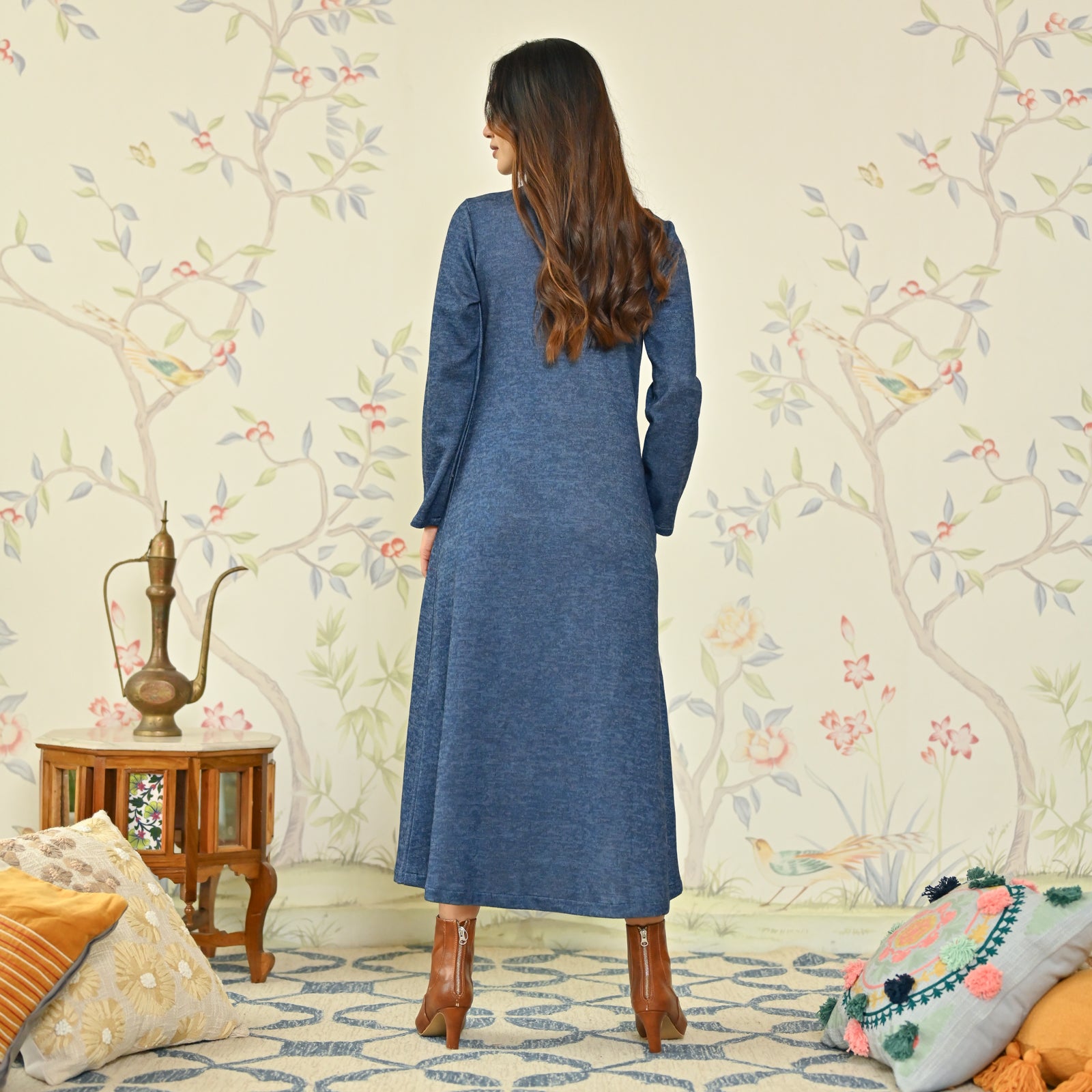 Buy Navy Blue Floral A-line Woollen Dress