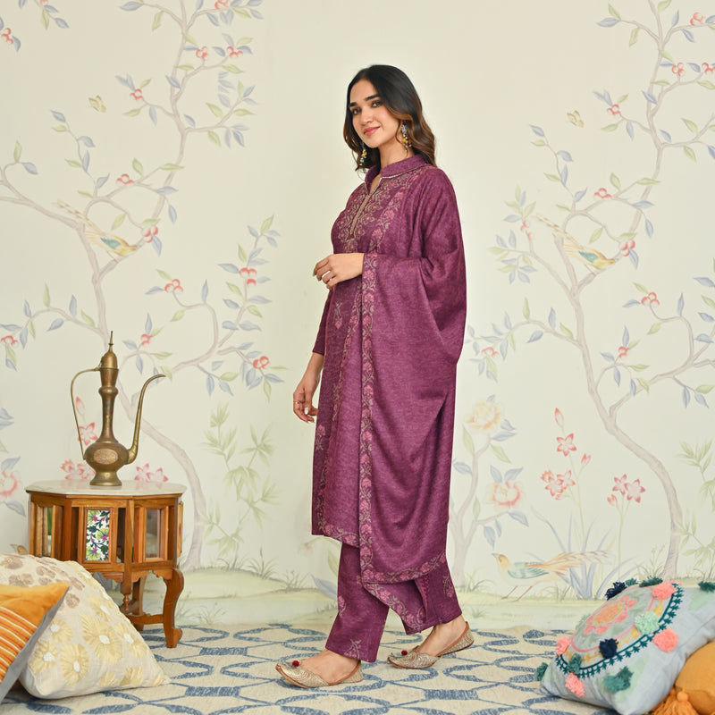 Dusty Pink Embroidered Woollen Kurta Set with Dupatta