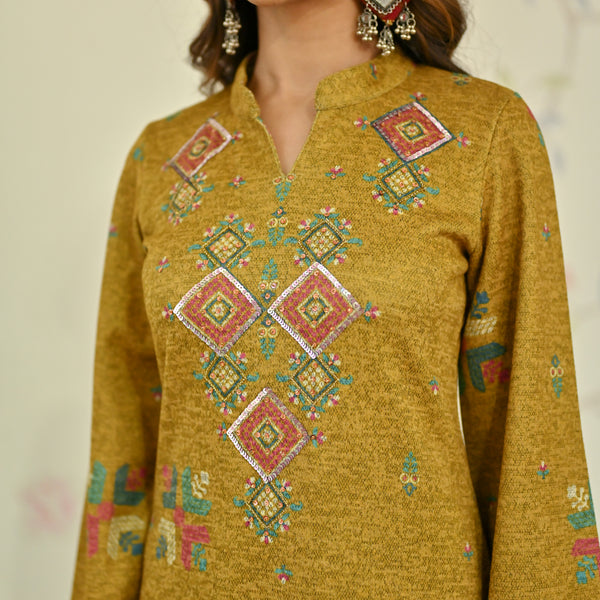 Mustard Phulkari Printed Woollen Kurta with Sequins Work