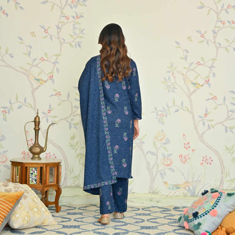Navy Blue Cotton Dobby Kurta, Trousers and Dupatta Set main image 0