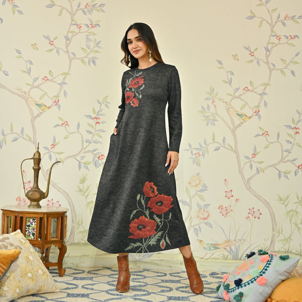 Black Floral A-line Woollen Dress