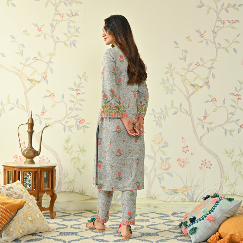 Ivory Floral Woollen Kurta Set with Bell Sleeves