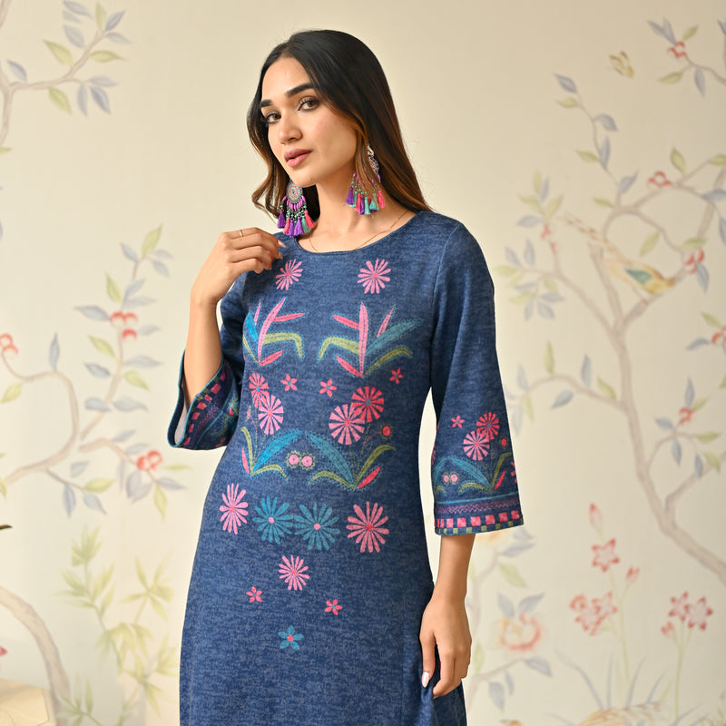 Blue Tribal Woollen Kurta with Tassel Detailing