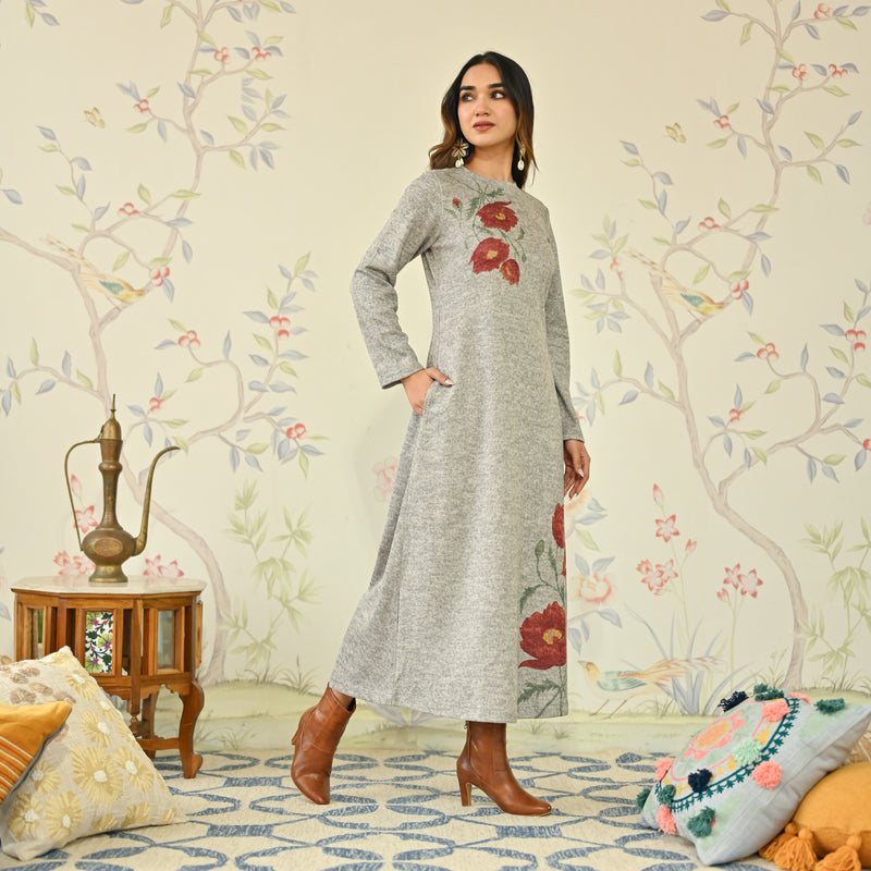 Ivory Floral A-line Woollen Dress