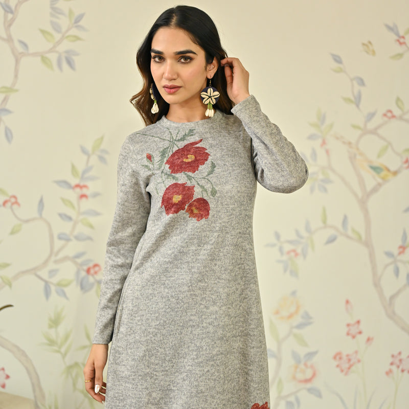 Ivory Floral A-line Woollen Dress