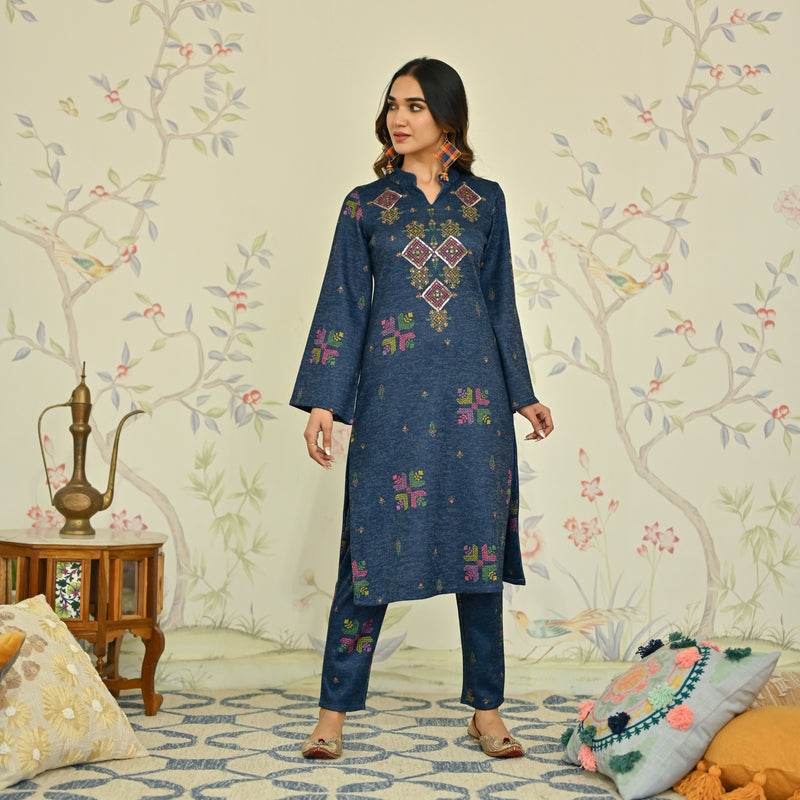 Navy Blue Phulkari Printed Woollen Kurta Set with Sequins Work