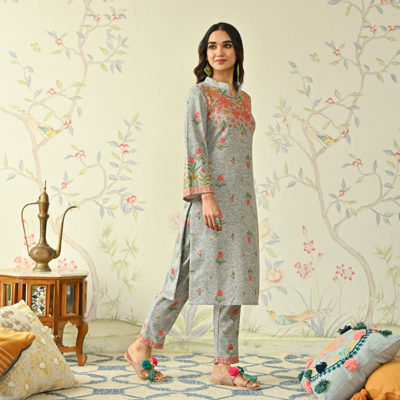 Ivory Floral Woollen Kurta with Bell Sleeves