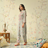 Ivory Geometric Floral Woollen Kurta with Embroidery Detail