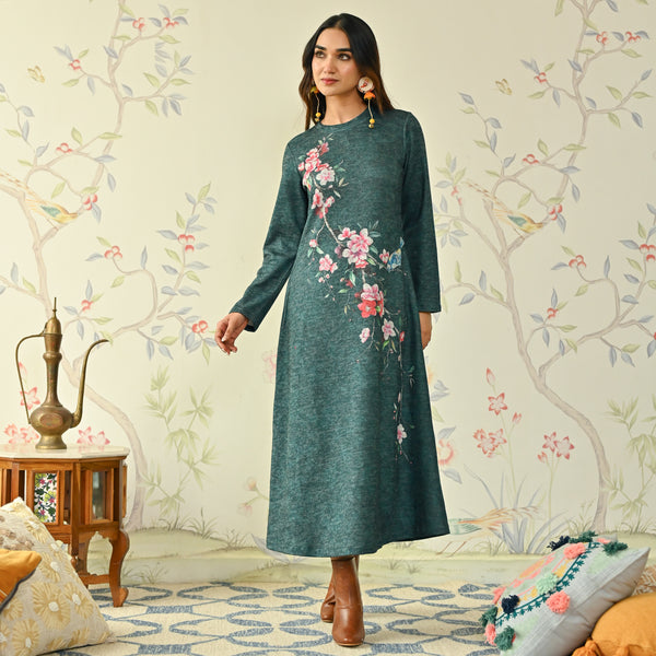 Green Floral A-line Woollen Dress