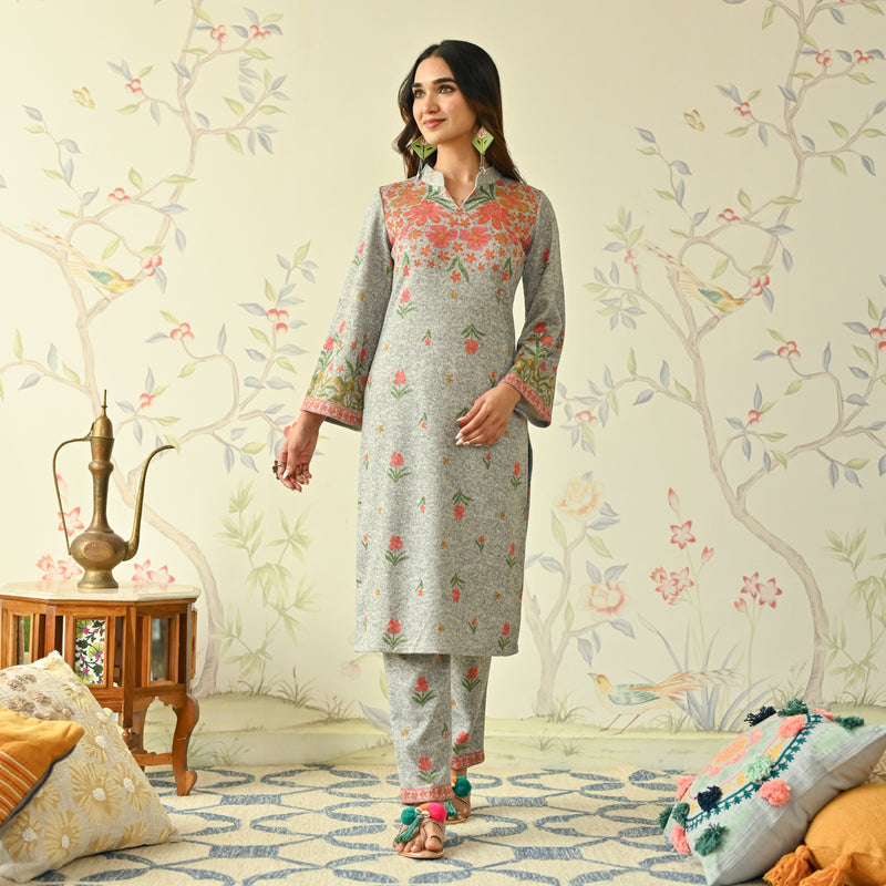 Ivory Floral Woollen Kurta with Bell Sleeves