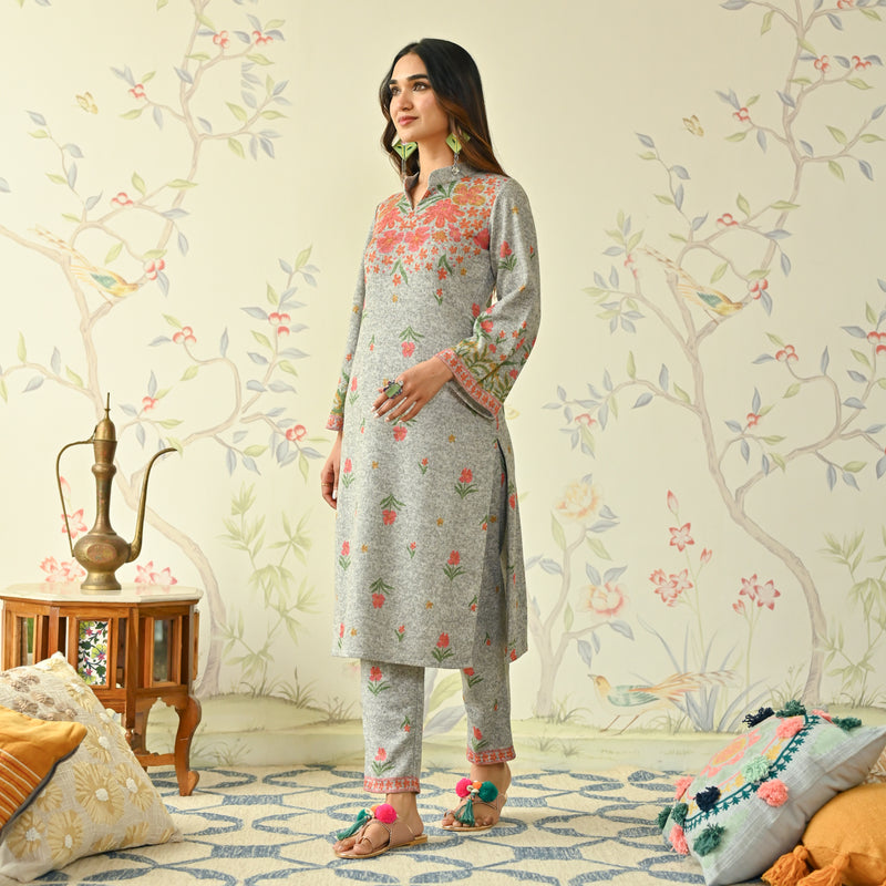 Ivory Floral Woollen Kurta with Bell Sleeves