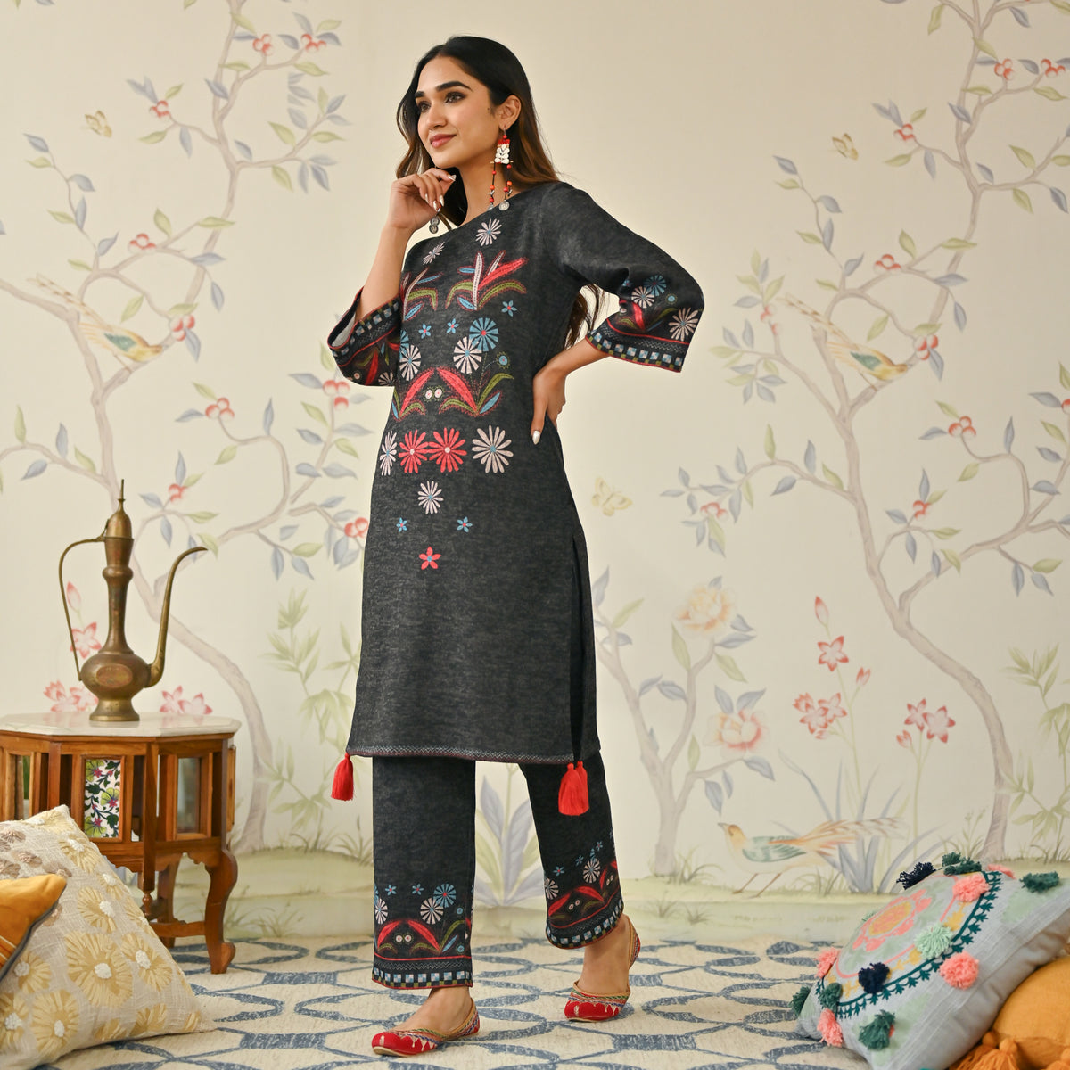 Black Tribal Woollen Kurta with Tassel Detailing