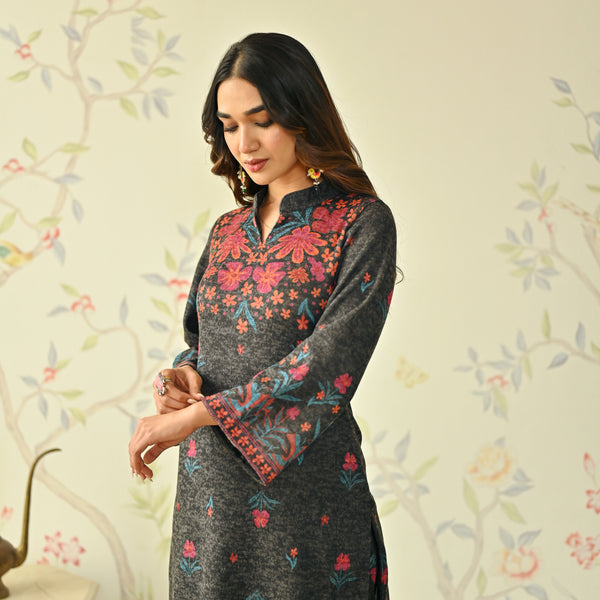 Black Floral Woollen Kurta Set with Bell Sleeves