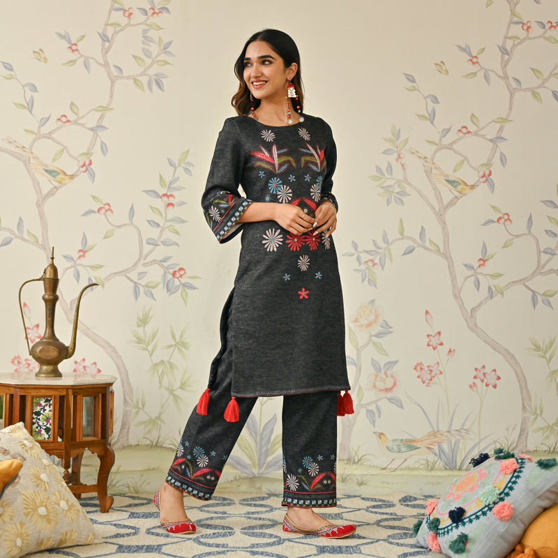 Black Tribal Woollen Kurta Set with Tassel Detailing