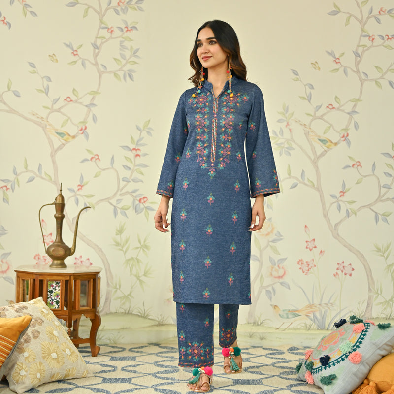 Navy Blue Geometric Floral Woollen Kurta with Embroidery Detail