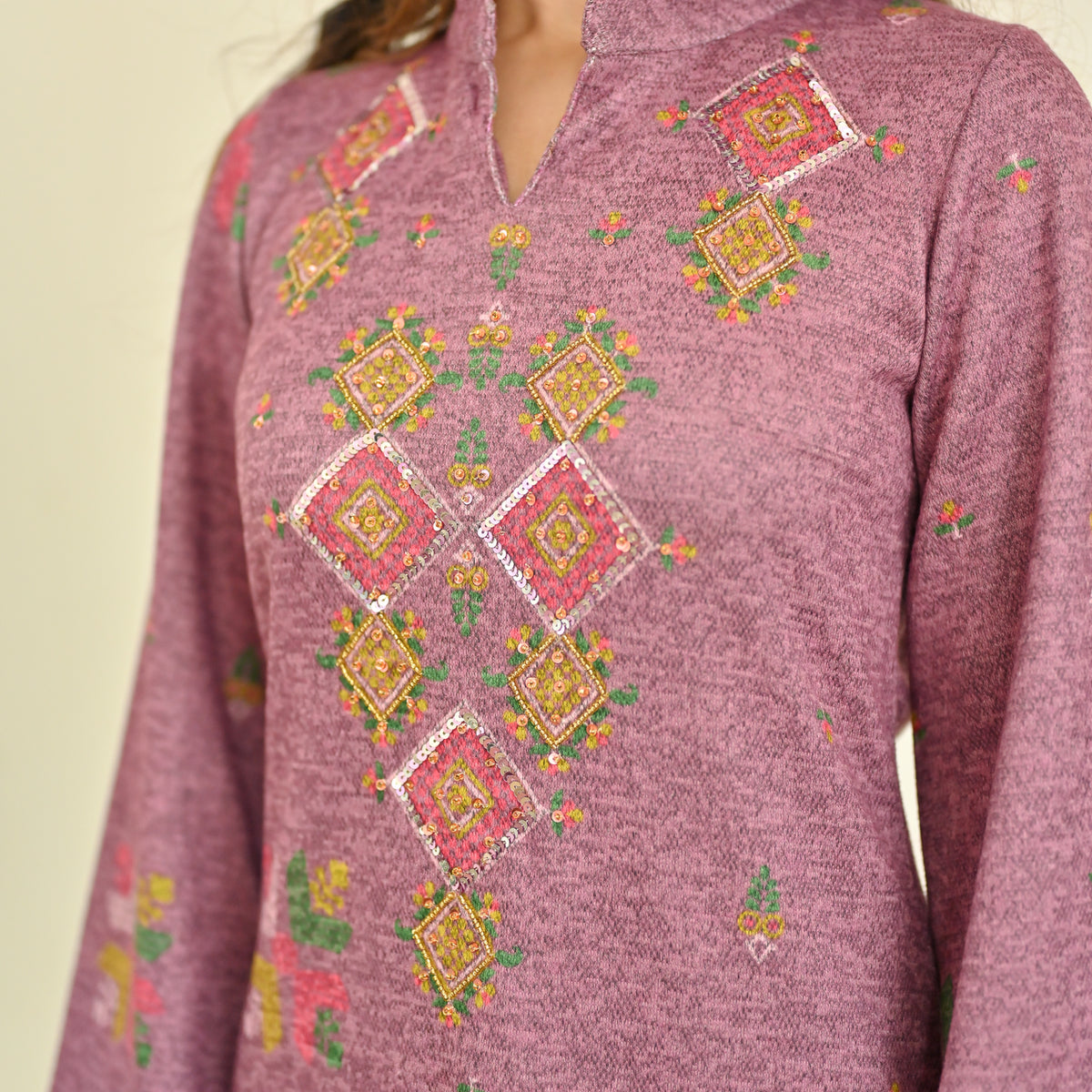 Mauve Phulkari Printed Woollen Kurta with Sequins Work