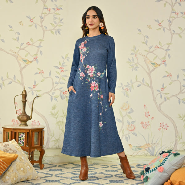 Buy Navy Blue Floral A-line Woollen Dress