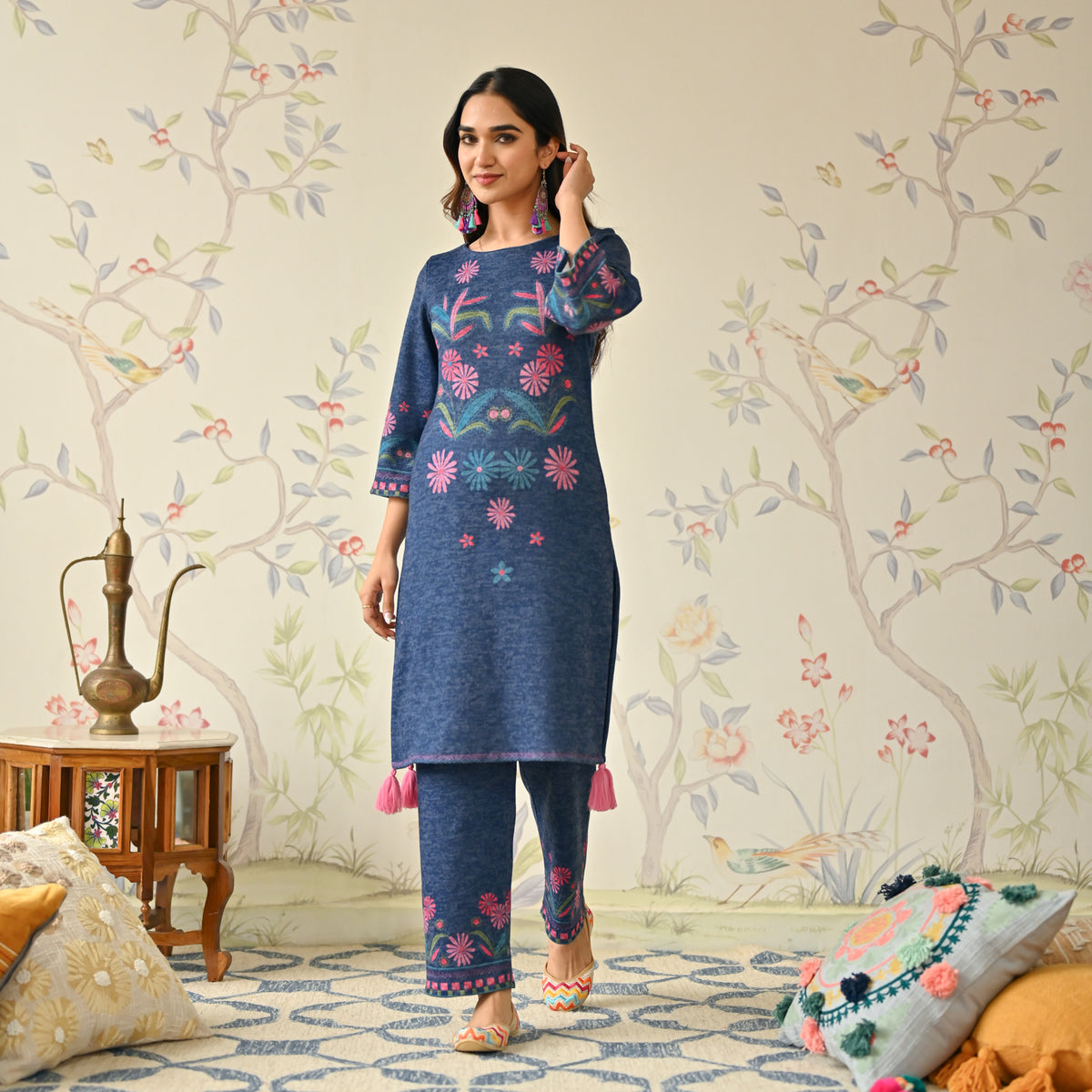 Blue Tribal Woollen Kurta with Tassel Detailing