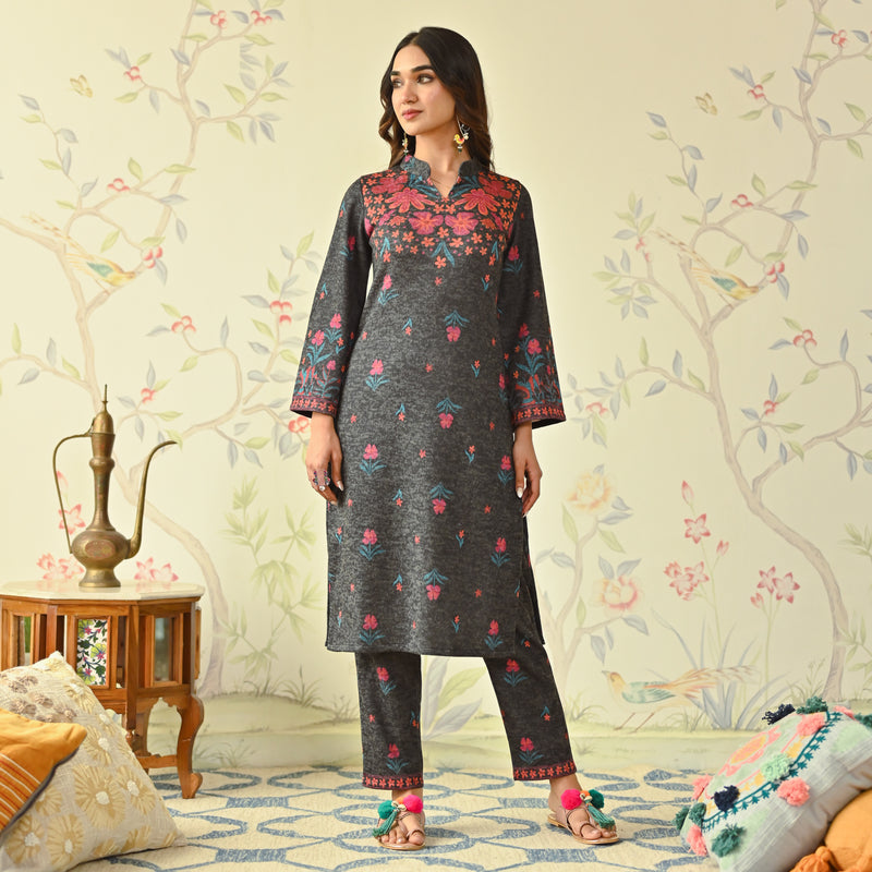 Black Floral Woollen Kurta Set with Bell Sleeves