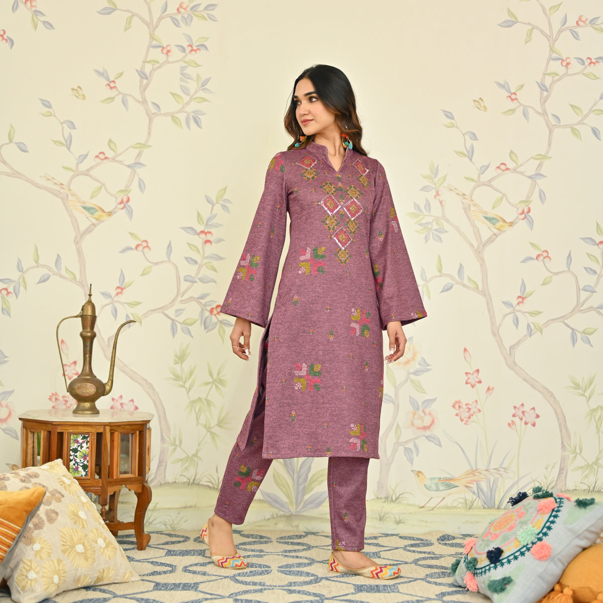 Mauve Phulkari Printed Woollen Kurta with Sequins Work