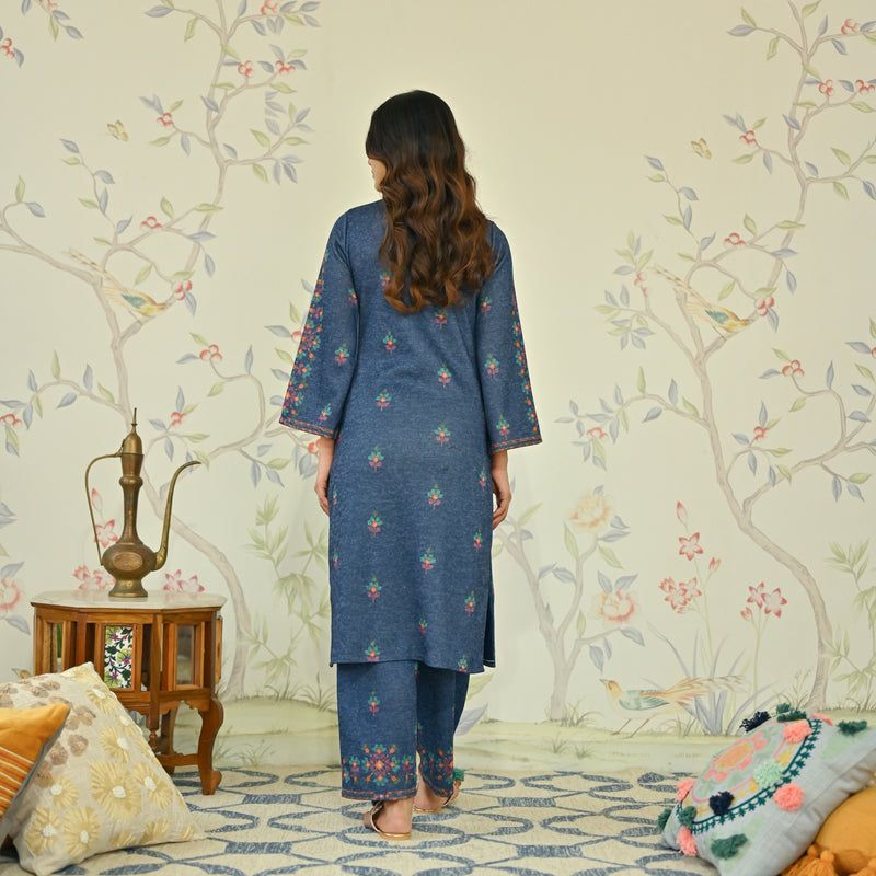 Navy Blue Geometric Floral Woollen Kurta Set with Embroidery Detail