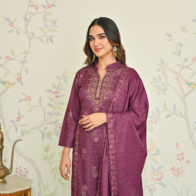 Dusty Pink Embroidered Woollen Kurta Set with Dupatta