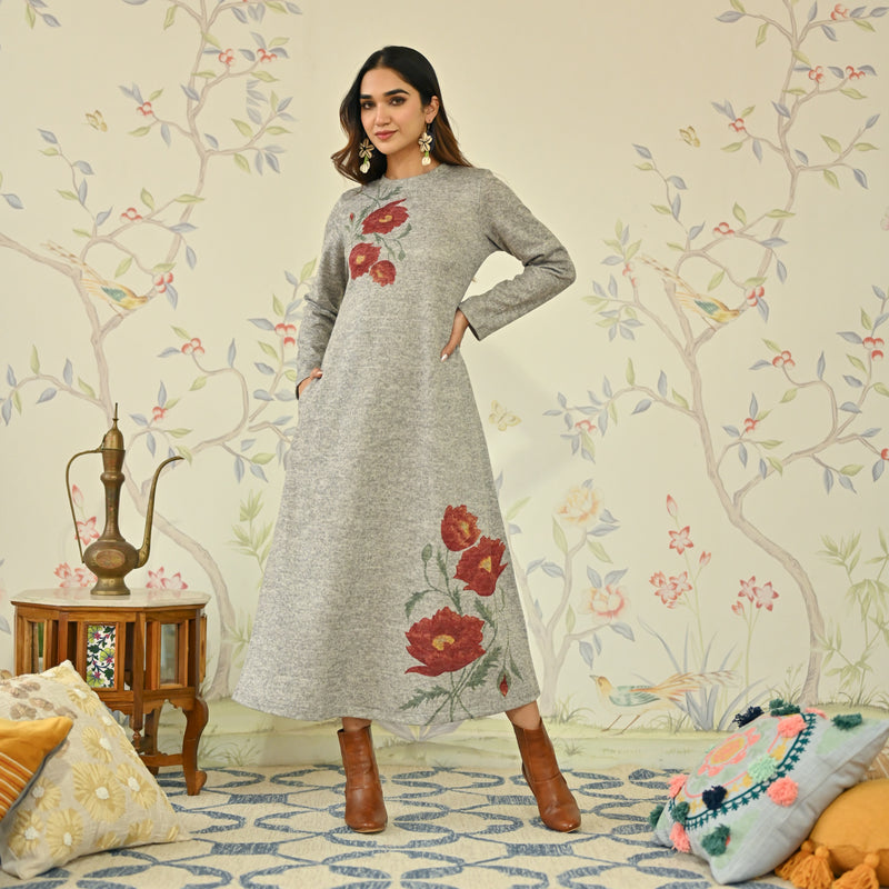 Ivory Floral A-line Woollen Dress