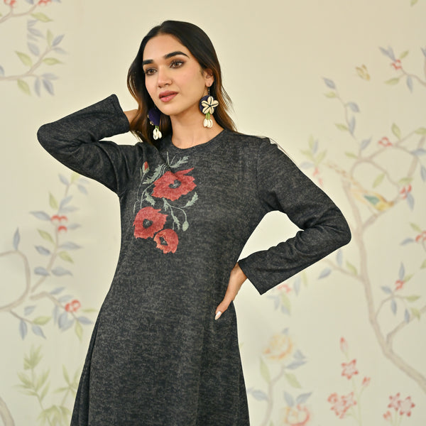 Black Floral A-line Woollen Dress