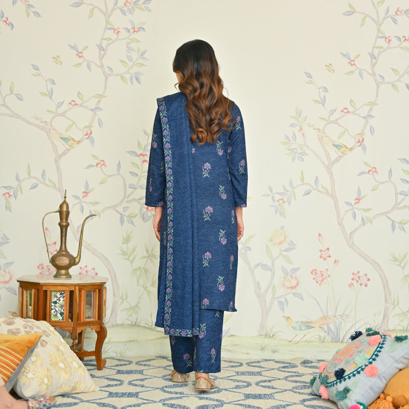 Navy Blue Gold Printed Straight Kurta Set With Net Dupatta for Women