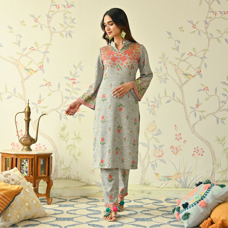 Ivory Floral Woollen Kurta with Bell Sleeves