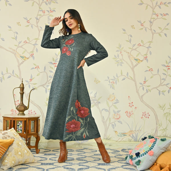 Emerald Green Floral A-line Woollen Dress
