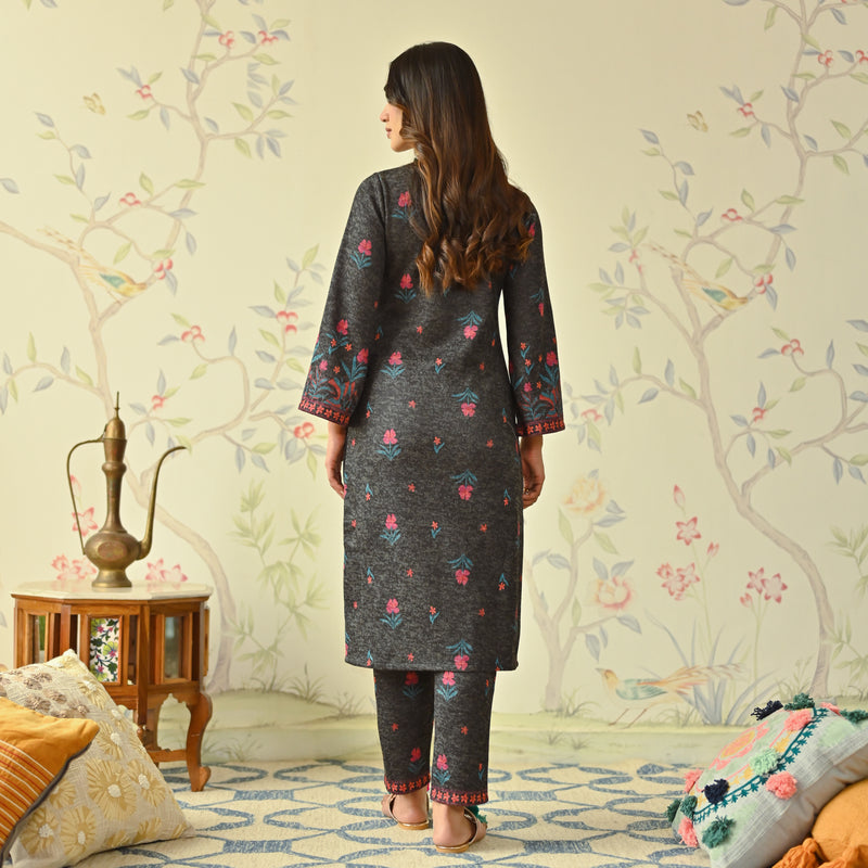 Black Floral Woollen Kurta Set with Bell Sleeves