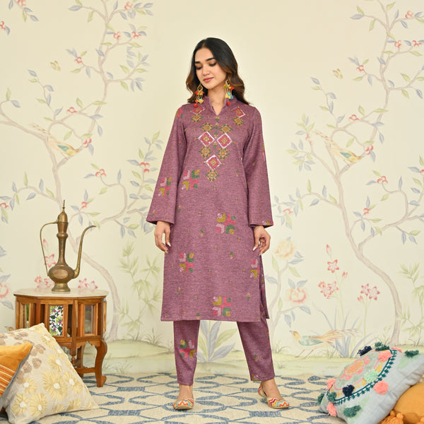 Mauve Phulkari Printed Woollen Kurta Set with Sequins Work