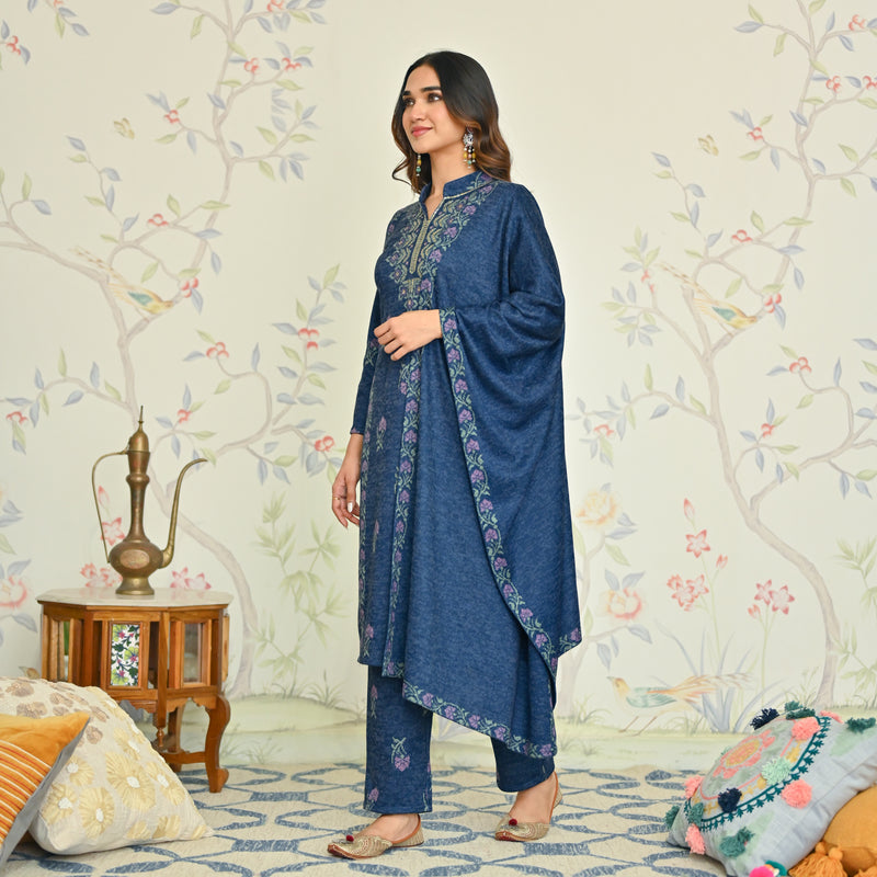 Women Navy Blue Ornamental Print Kurta Comfort Pant Dupatta