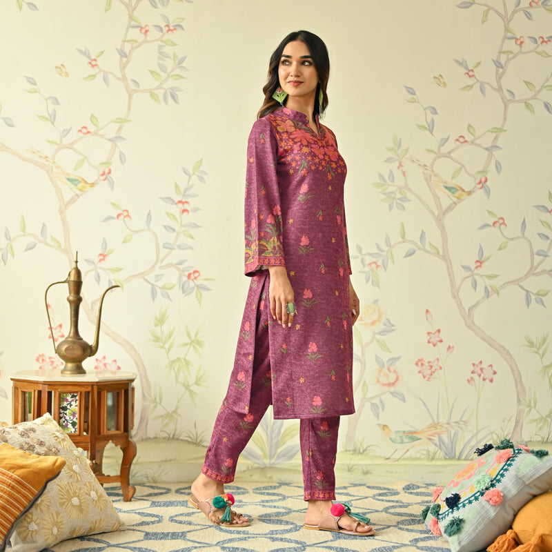 Dusty Pink Floral Woollen Kurta with Bell Sleeves