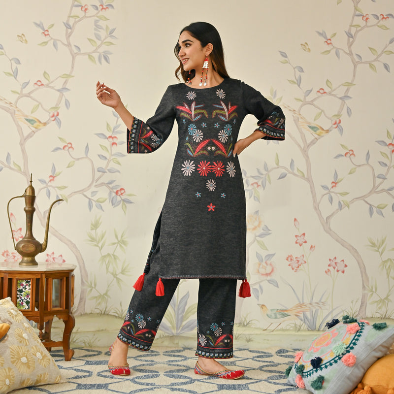 Black Tribal Woollen Kurta Set with Tassel Detailing