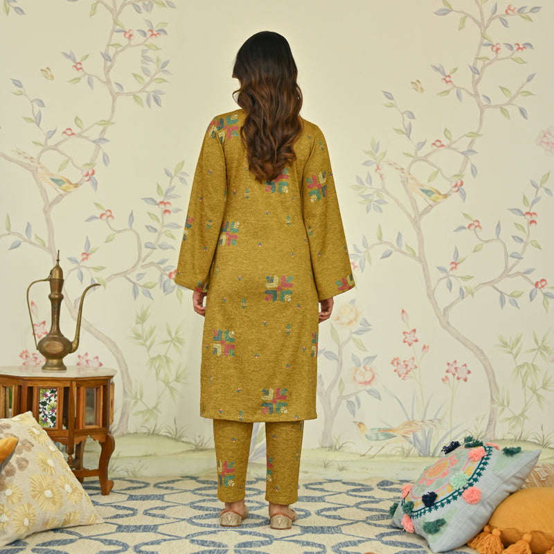 Mustard Phulkari Printed Woollen Kurta with Sequins Work