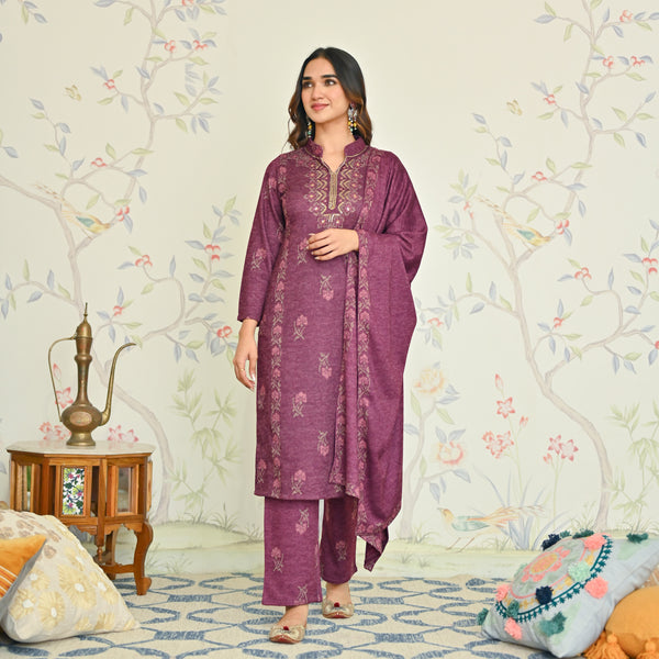 Dusty Pink Embroidered Woollen Kurta Set with Dupatta