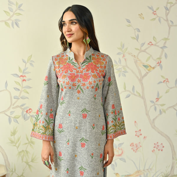 Ivory Floral Woollen Kurta Set with Bell Sleeves