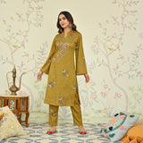 Mustard Phulkari Printed Woollen Kurta with Sequins Work