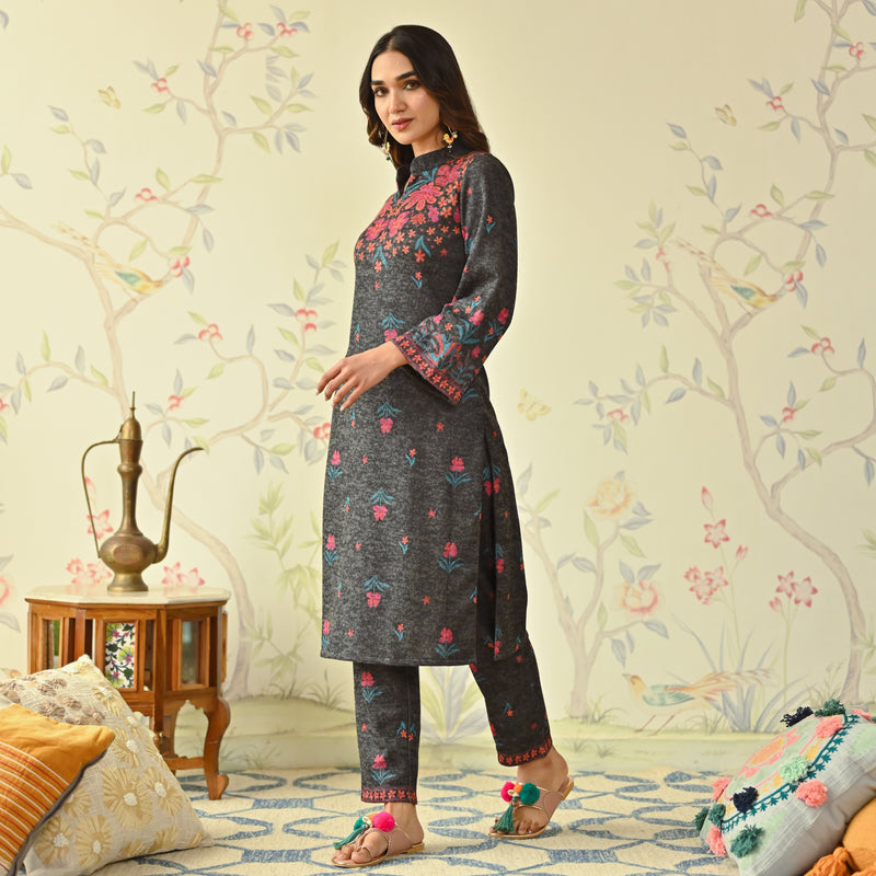 Black Floral Woollen Kurta Set with Bell Sleeves