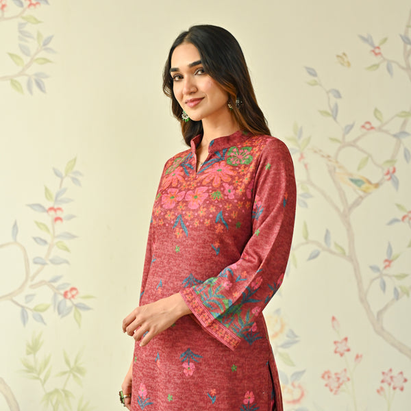 Maroon Floral Woollen Kurta Set with Bell Sleeves