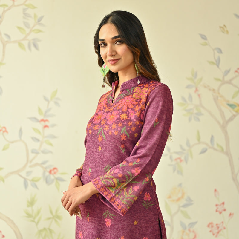 Dusty Pink Floral Woollen Kurta Set with Bell Sleeves