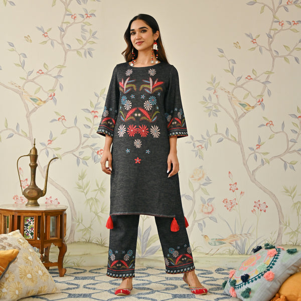 Black Tribal Woollen Kurta Set with Tassel Detailing