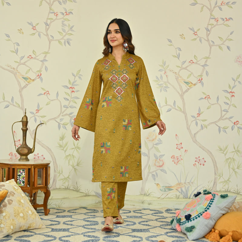 Mustard Phulkari Printed Woollen Kurta with Sequins Work